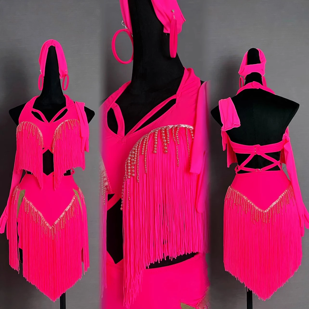 فستان رقص لاتيني راقي مخصص لؤلؤ متباين شرابة مجوفة تشا تانجو ملابس احترافية لمرحلة الكبار للسيدات #1