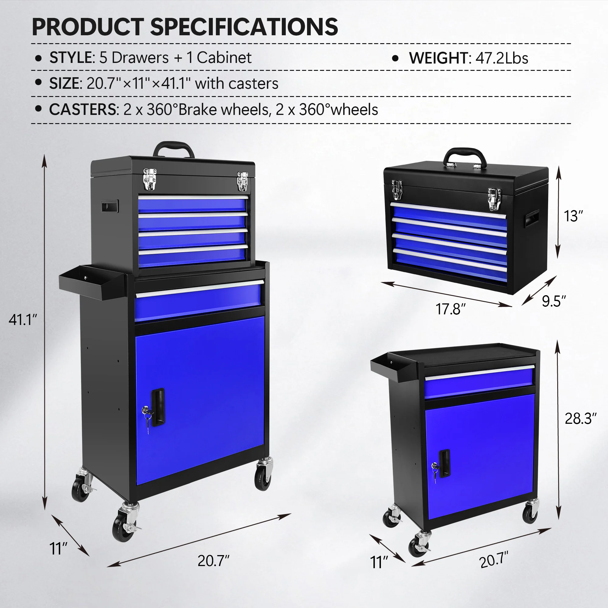 5-Drawer Rolling Tool Chest, High Capacity Tool Storage Cabinet W/Lockable Wheels,Detachable Tool Box Organizer