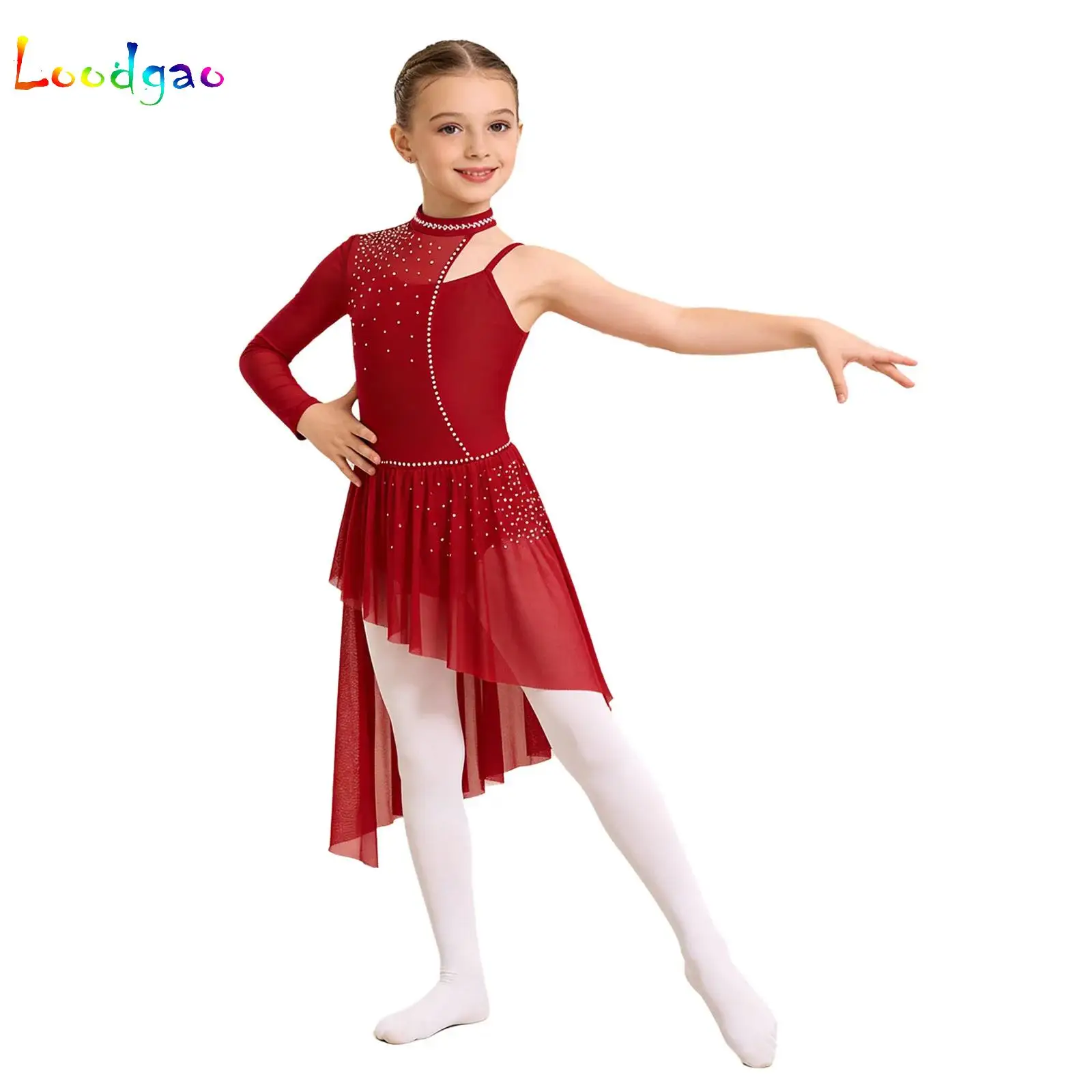 

Kids Girls Gymnastics Artistic Figure Skating Dress Ballet Lyrical Dance Costumes One Shoulder Long Sleeve Modern Dancing Wear
