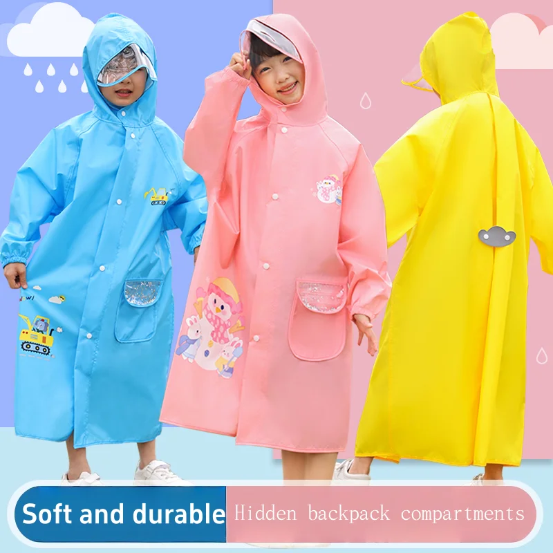 Kids Backpack Raincoat with Cartoon Print – Cute Animal Design Waterproof Hooded Rain Jacket for Toddler Boys Girls