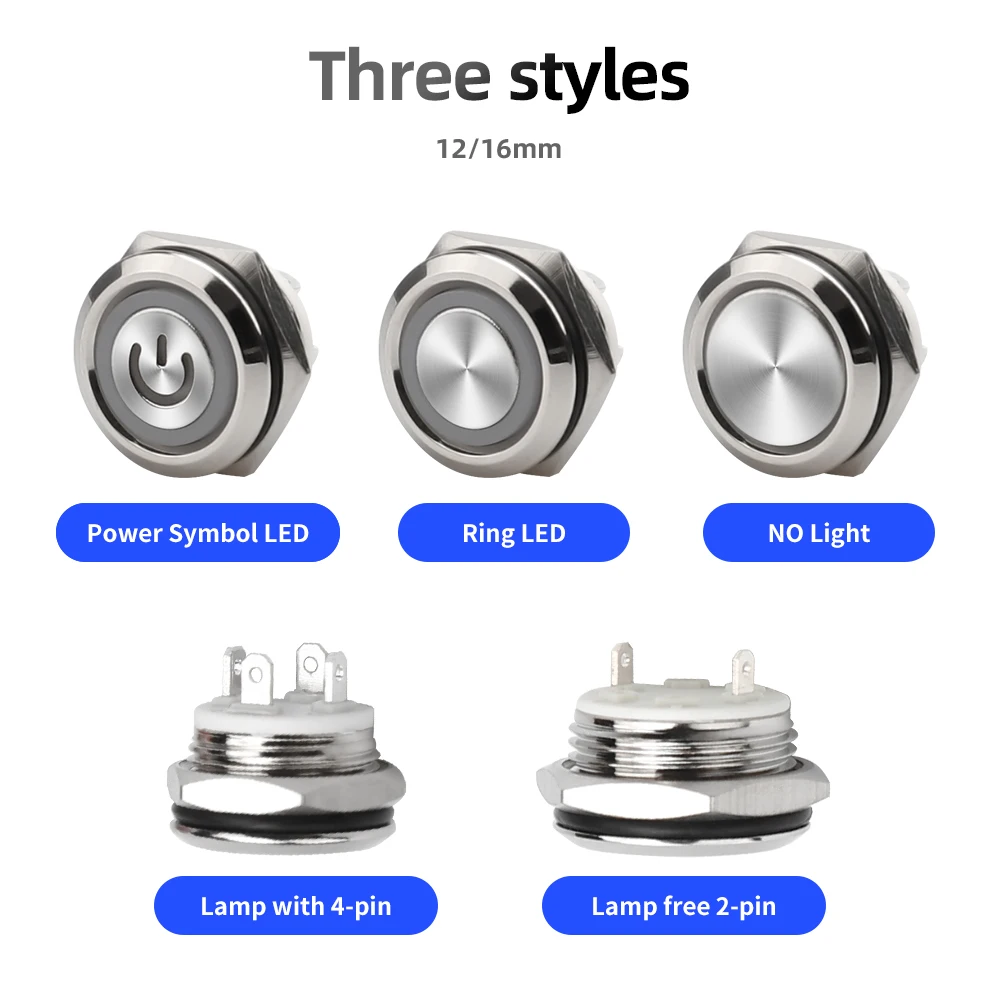 12/16mm Ultrathin Short Touch Metal Button Switch Momentary Reset DIY switch IP67 Waterproof  White blue red green  yellow Lamp