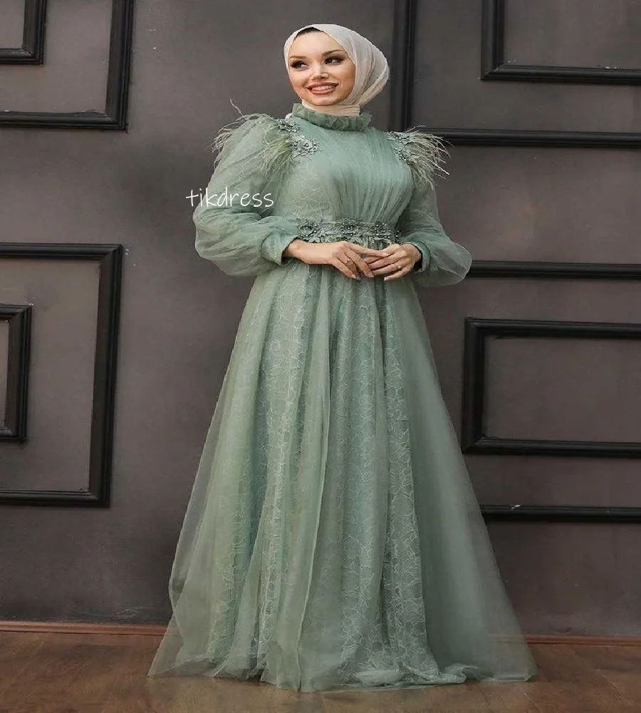 

Мусульманское вечернее платье шалфейного зеленого цвета с перьями Ид Абая, платье для выпускного вечера с длинными рукавами, кружевное марокканское турецкое вечернее платье, вечерние по индивидуальному заказу