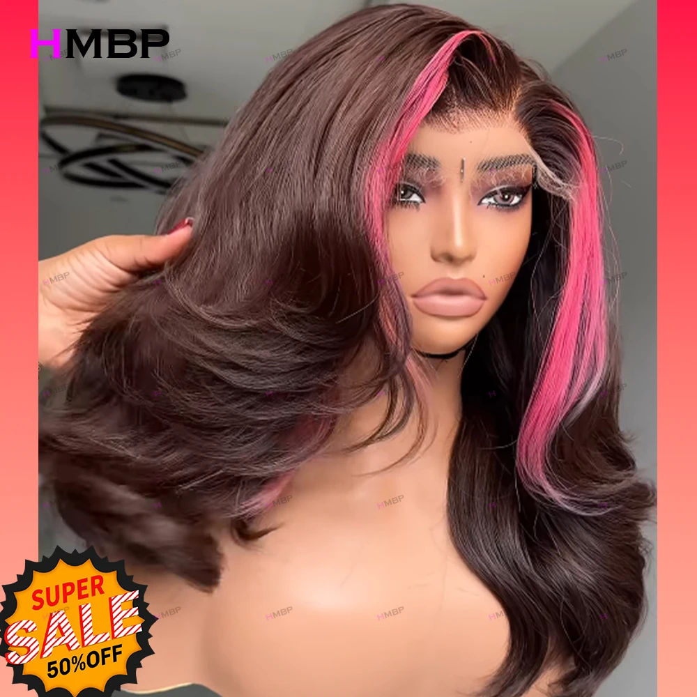 Highlight Pink Black Glueless Lace Wig Human Hair Ready To Wear Body Wave Wig 13×4 HD Lace Front Wig Pre Plucked Brazilian Hair