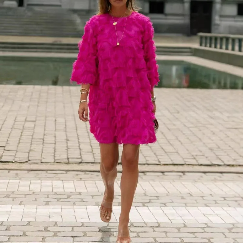 السيدات س الرقبة طويلة الأكمام بلون فستان الحفلات شرابة فضفاضة الشارع الشهير ميدي فستان أنيق مزاجه عالية الخصر مكتب اللباس #2