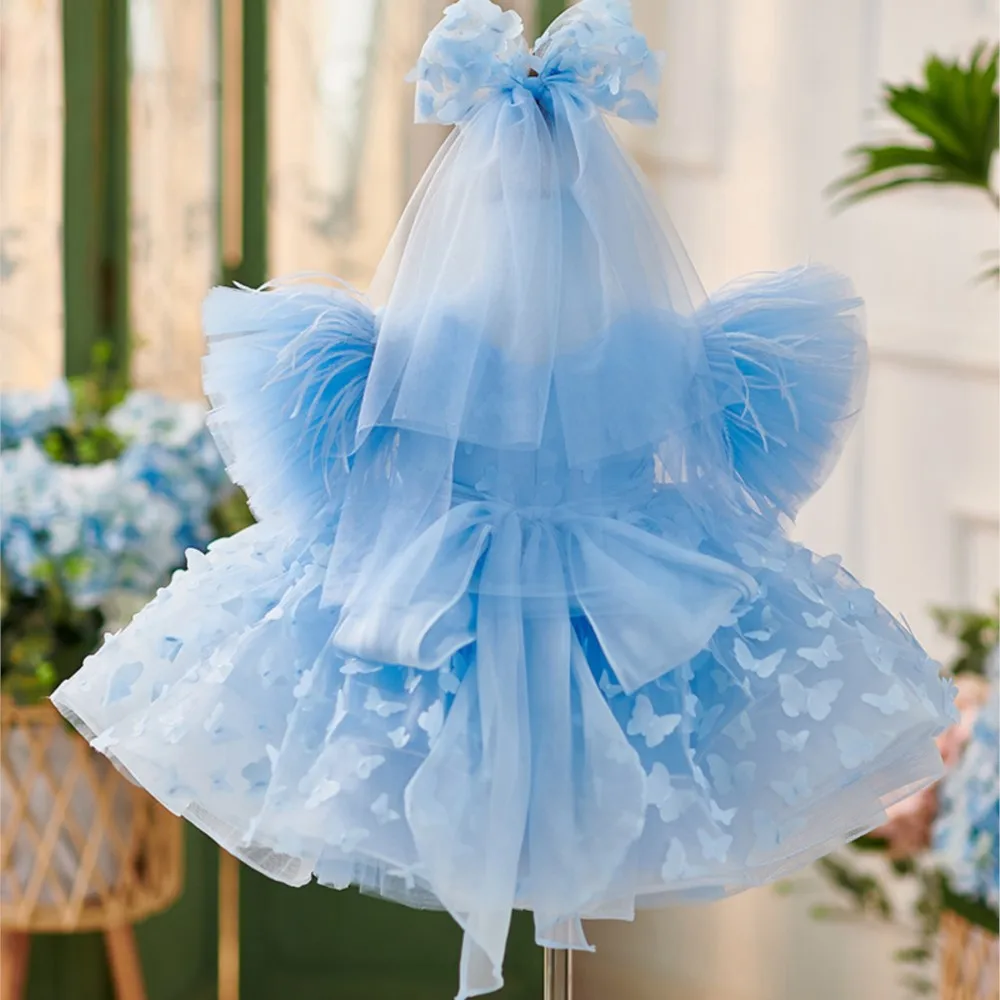 3D butterfly blue multi-layer mesh children's dress girl's gauze dress flower girl birthday princess fluffy dress