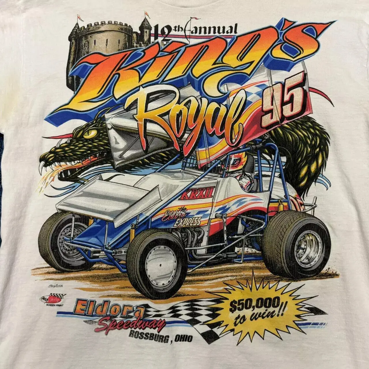 Vintage 90s 1995 Kings Royal Sprint Car Racing Dragon Castle T-Shirt Size S-5XL