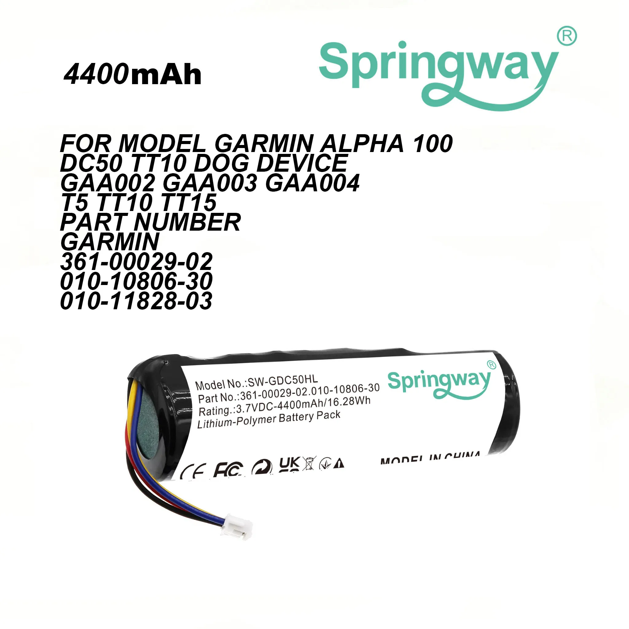 SPRINGWAY Dog Collar 4400mAh Battery For Garmin DC50, Dog Tracking Collar For Alpha TT10 Dog Device, Alpha 100, TT10, TT 10