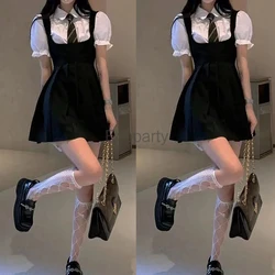 New Women Kawaii Preppy Style High Waist Sleeveless Strap Dress Korea Fashion Jk Uniform Shirt Skirts Black Pleated Mini Dress