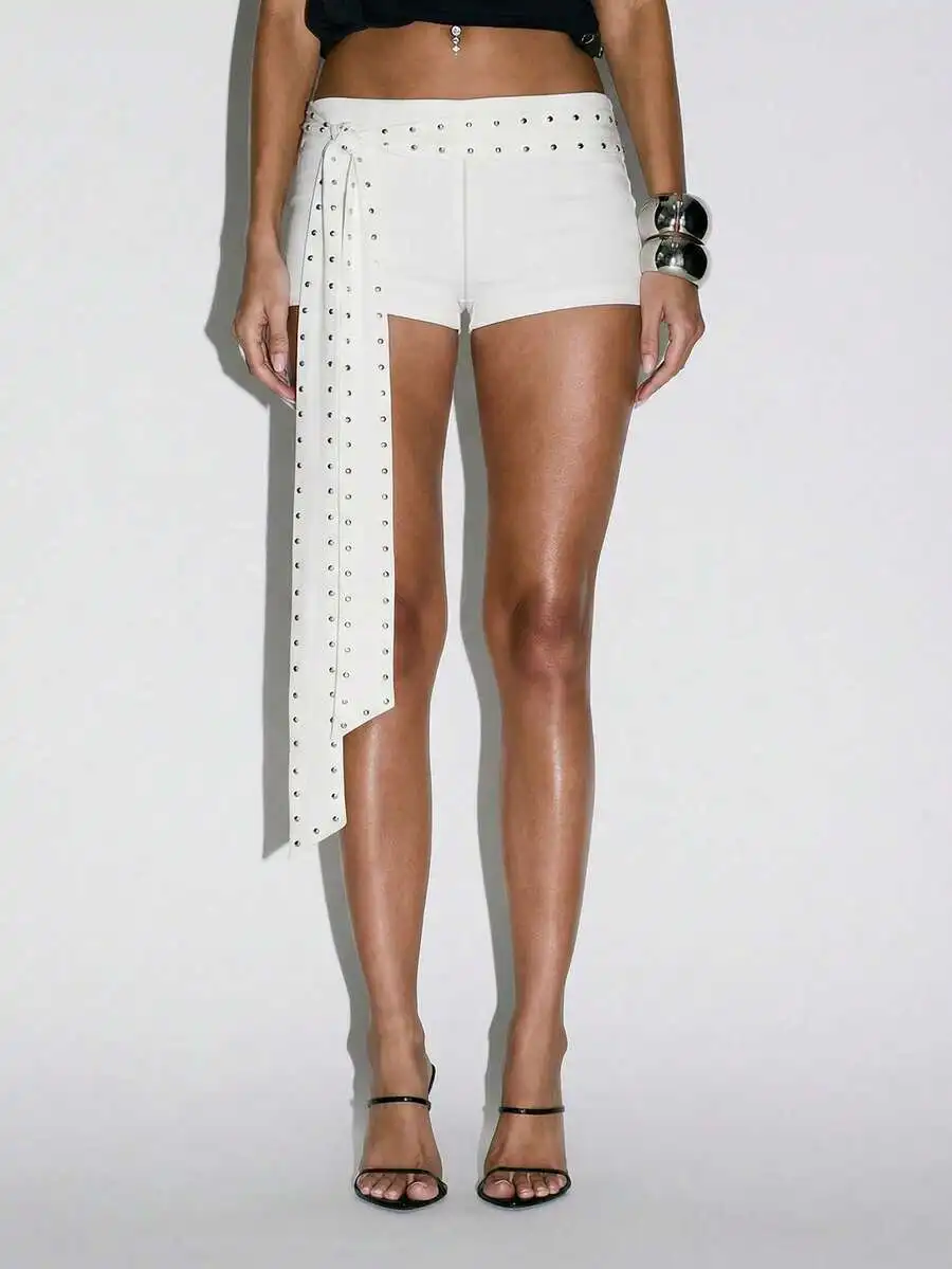 

White Studded High-Waisted Shorts With Asymmetrical Sash For Festival Party Club Evening Wear Spring Summer