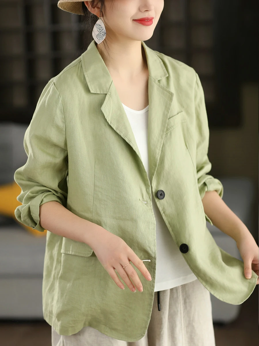 Retro High-quality 100% Linen Suit Jacket Women's Spring Collection Long Sleeve Turn-down Collar Outerwear for Commuting