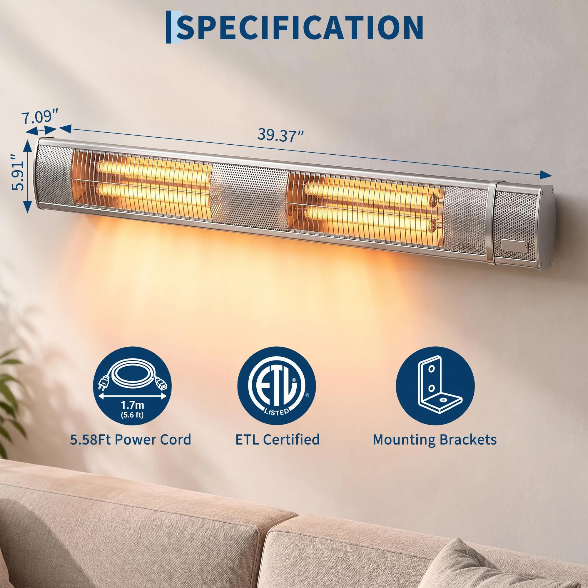 3000W Carbon Infrared Electric Patio Heater with Remote, 3 Heat Settings, Wall-Mounted for Indoor/Outdoor Use, Weather Resistant, Fast & Quiet Heating