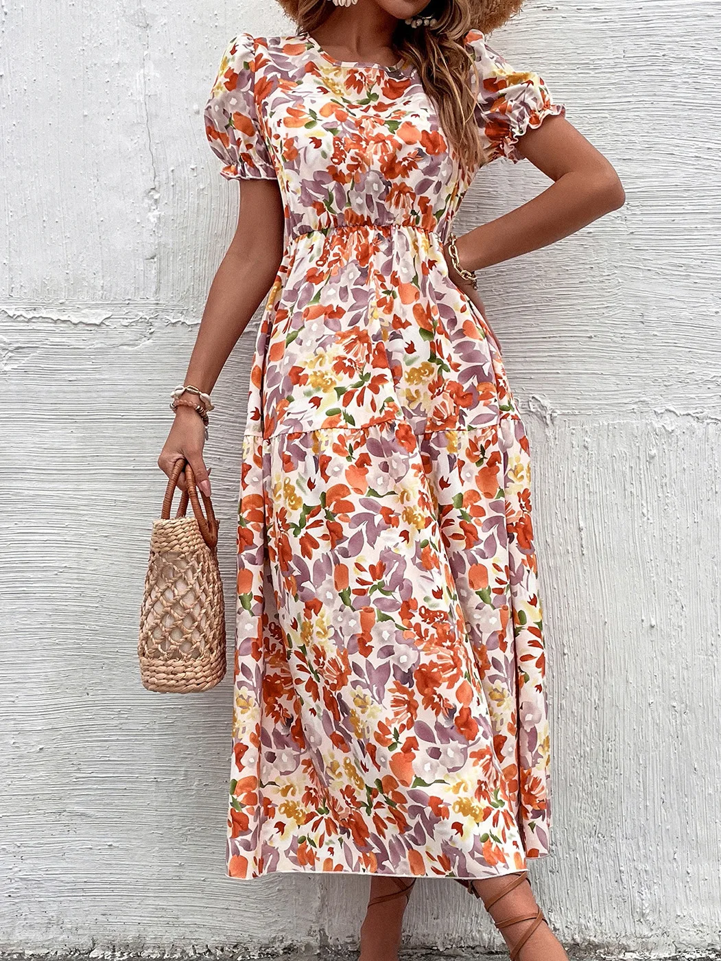 Elegant Floral Print Dress Women 2023 Summer Casual Puff Sleeve Ruffle Big Hem Beach Midi Dress Woman Fashion Party Dresses