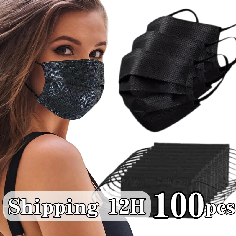 100枚の黒い使い捨て保護マスク - 3層構造で通気性があり快適、屋外、家族、通勤、オフィスに非常に適しています。