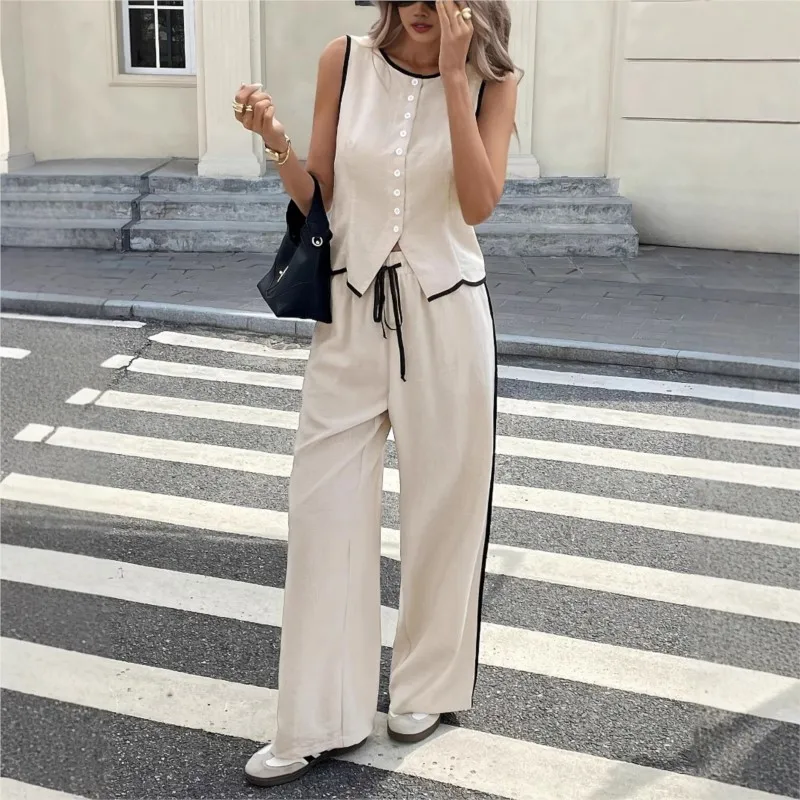 

2025 Summer Female Vest Pants Set Solid Sleeveless V-Neck Top High Waist Casual Loose Pant Two-piece Set Office Lady Suit Street