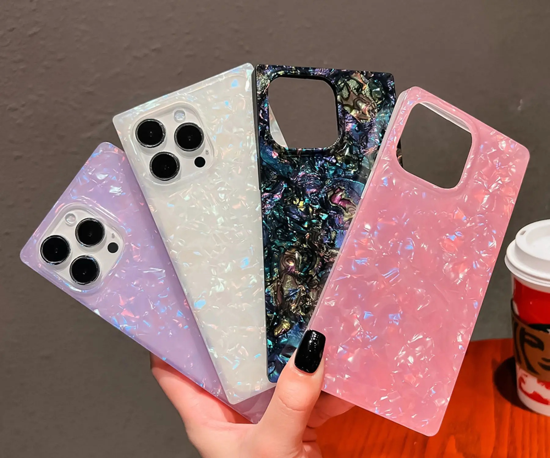 حافظة لؤلؤة الأم لهاتف آيفون 11 12 13 14 15 16 Pro Max Plus حافظة بحافة مستطيلة، غطاء سيليكون ناعم لؤلؤ أذن البحر ملون نحيف