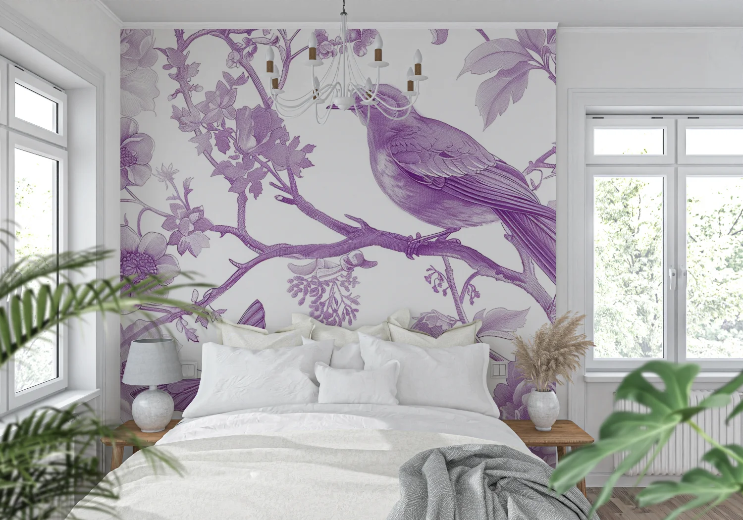 Customized Mural Purple Branch Flower Bird Wallpaper Home Decoration Countryside Wildflowers Wild Grass 3D Wallpaper Decoration