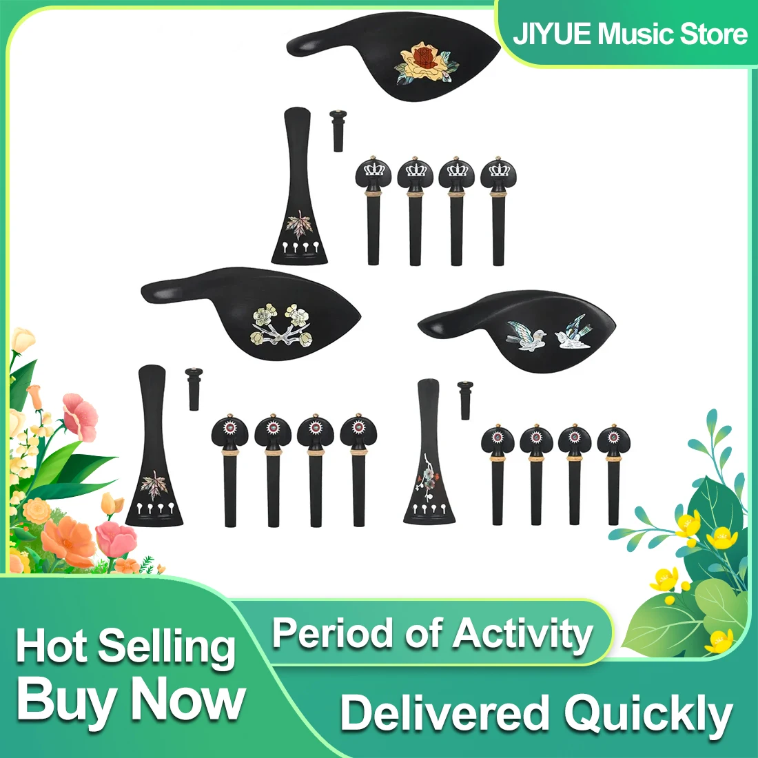 IRIN 4/4-3/4 Violin 4 Pcs Set String Plate String Shaft Tail Pegs Cheek Rests Patterns Ebony Colored Shells Violin Accessories
