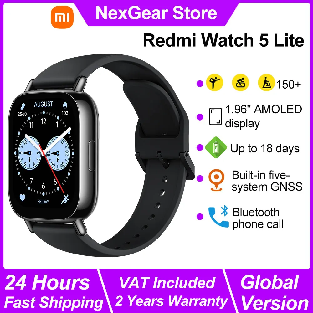 Xiaomi Redmi Watch 5 Lite Smart Watch, display AMOLED da 1,96, monitoraggio della frequenza cardiaca dell'ossigeno nel sangue, smartwatch per chiamate telefoniche Bluetooth