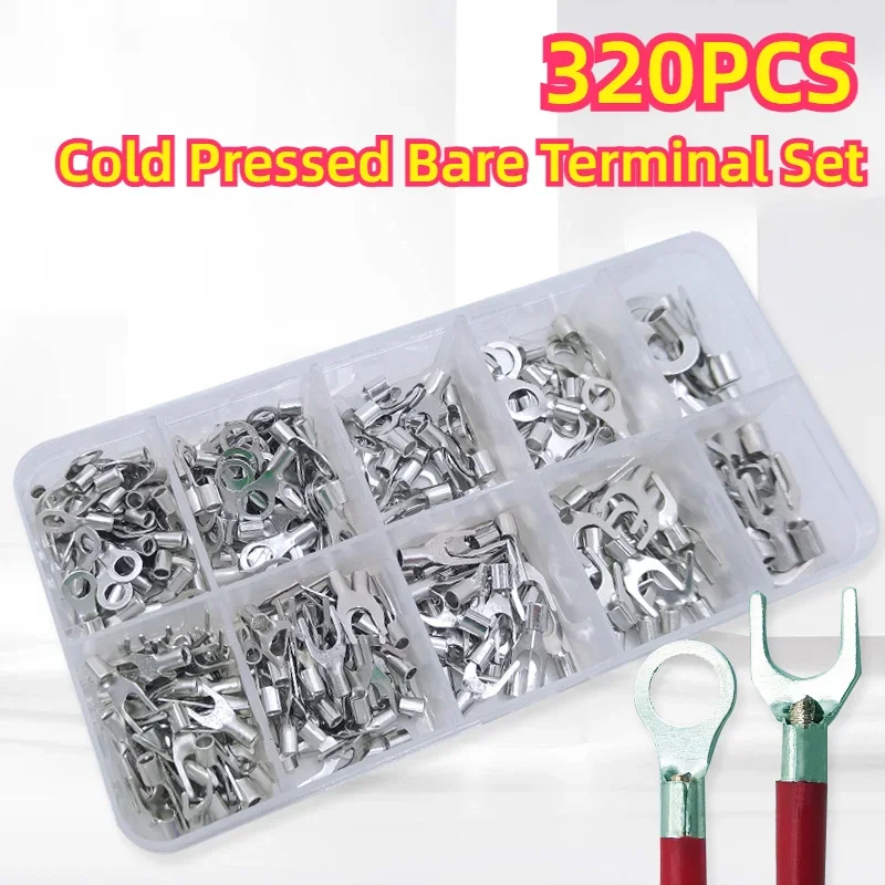 320Pcs 10 in 1 Terminals Non-Insulated Ring Fork U-Type Brass Terminals Assortment Kit Cable Wire Connector Crimp Spade 200/320P