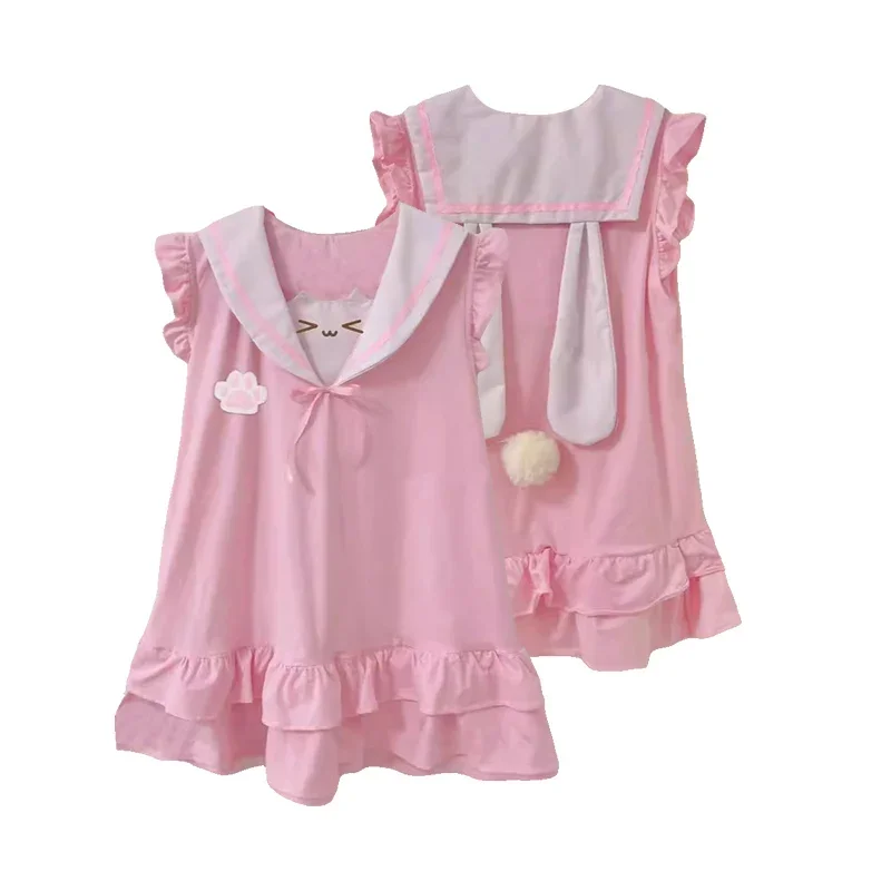 Japonês y2k roupas femininas bonito menina rosa kawaii vestidos doce colete 2025 orelhas de gato sem mangas babados vestido tanque fds3