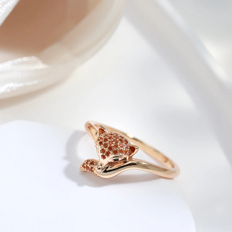 SYOUJYO Cute Red Fox Rings For Women Natural Zircon Paved 585 Rose Golden Animal Luxury Jewelry