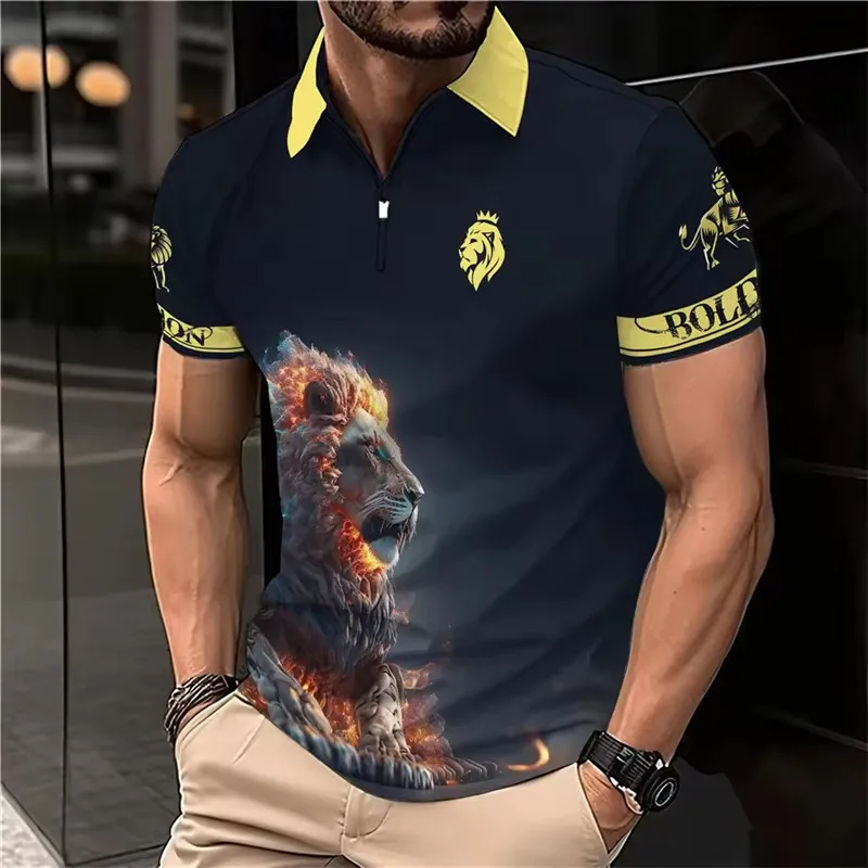 

Fashion Lion Pattern Men's Zippers Polos T-Shirts Summer Short Sleeve 3D Print Street Hip Hop POLO Tee 6XL Big Size Casual Tops