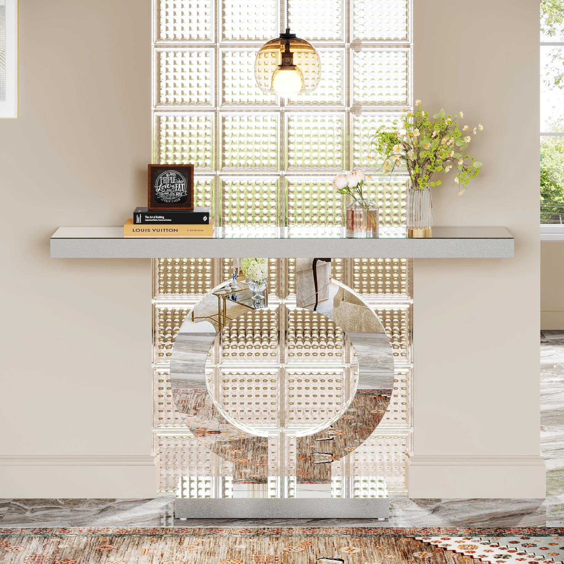 # Contemporary Accent 43 Inch Silver Entryway Foyer Mirrored Console Table Hallway Entrance Living Room Furniture