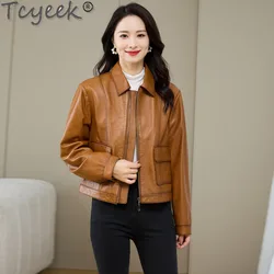 Tcyeek-Veste en cuir véritable pour femme, manteau en peau de mouton, tannage végétal, vêtements d'automne, 2024