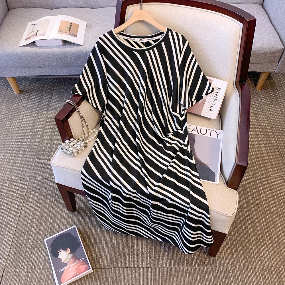 

Plus size women's summer casual dress black and white stripes loose breathable blend fabric crew-neck classic all-in-one skirt