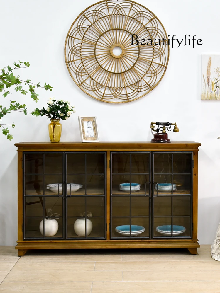 Retro Solid Wood Sideboard Home HD Glass Cabinet Door Display Cabinet Wall Integrated Storage Side Cabinet