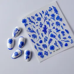 1pcs 5D Flower Series Nail Art Stickers Japanese Blue Purple Slider Nail Decorations Decals Self-Adhesive Manicure Accessory DIY