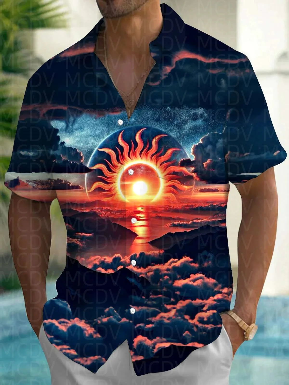 Sun Pattern Style Men's Hawaiian Shirt Stretch Easy Care Camp Shirt Big Tall