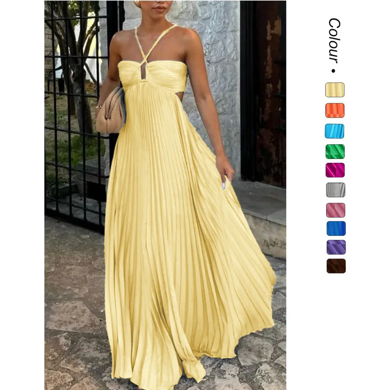 

Summer New Solid Color Strapless Pleated Sleeveless Dress Women Fashion Casual Tube Dress Elegant Slim Fit Beach Party Wear