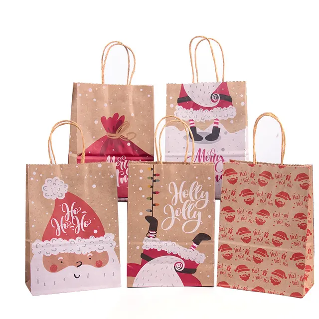 5/10szt Happy Christmas Kraft Paper Gift Bag Xmas Santa Claus Candy Biscuit Bag Christmas Gift Hand Bags for New Year Present