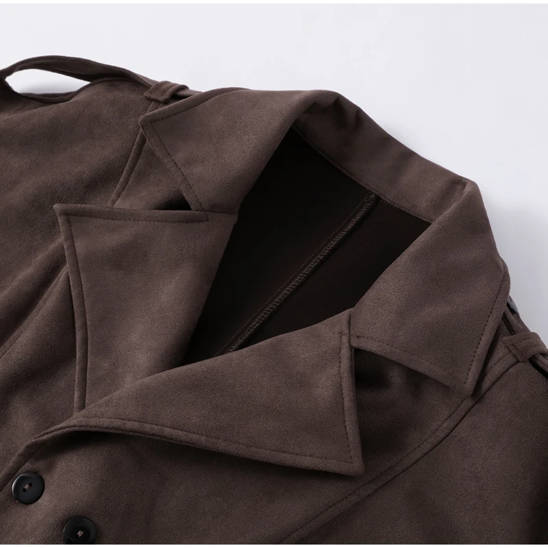 Frauen Braun Wildleder Abgeschnitten Trenchcoat Jacke Gürtel Kerb Revers Spitze-up Retro Chic Oberbekleidung Herbst Winter High – Detail 6