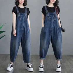 Literary Fashion Jumpsuit Women's Jeans Rompers New Big Pocket Loose Denim Overalls Casual Fashion Large Size Wide-leg Overalls