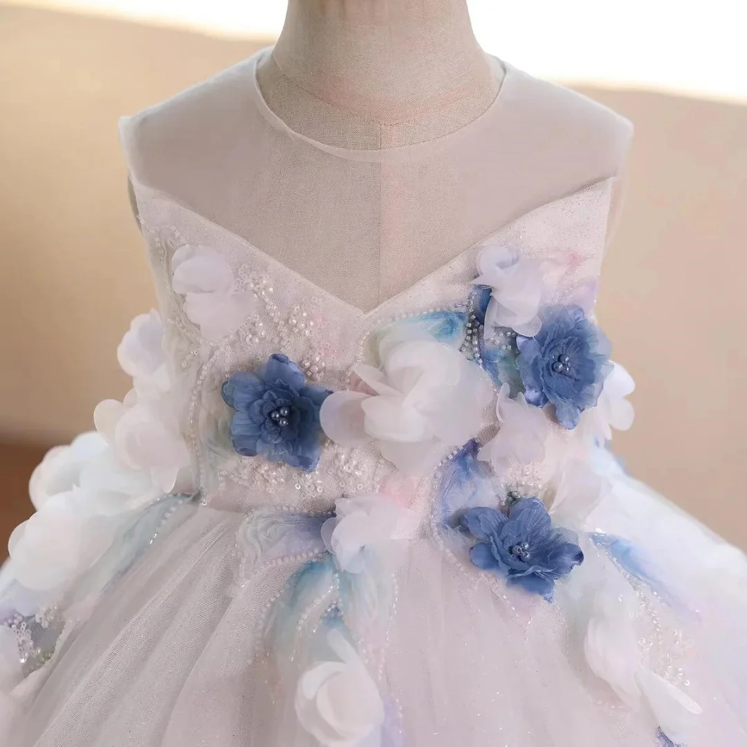 Vestido de princesa con flores para niña, falda de tul brillante, vestido acampanado con apliques, vestido personalizado hasta el suelo para bodas y cumpleaños