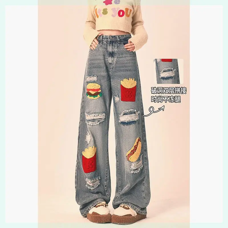 2025 Autumn and Winter New Design Burger Fries Patch Straight Jeans for Men and Women Loose and Versatile Wide-leg Pants