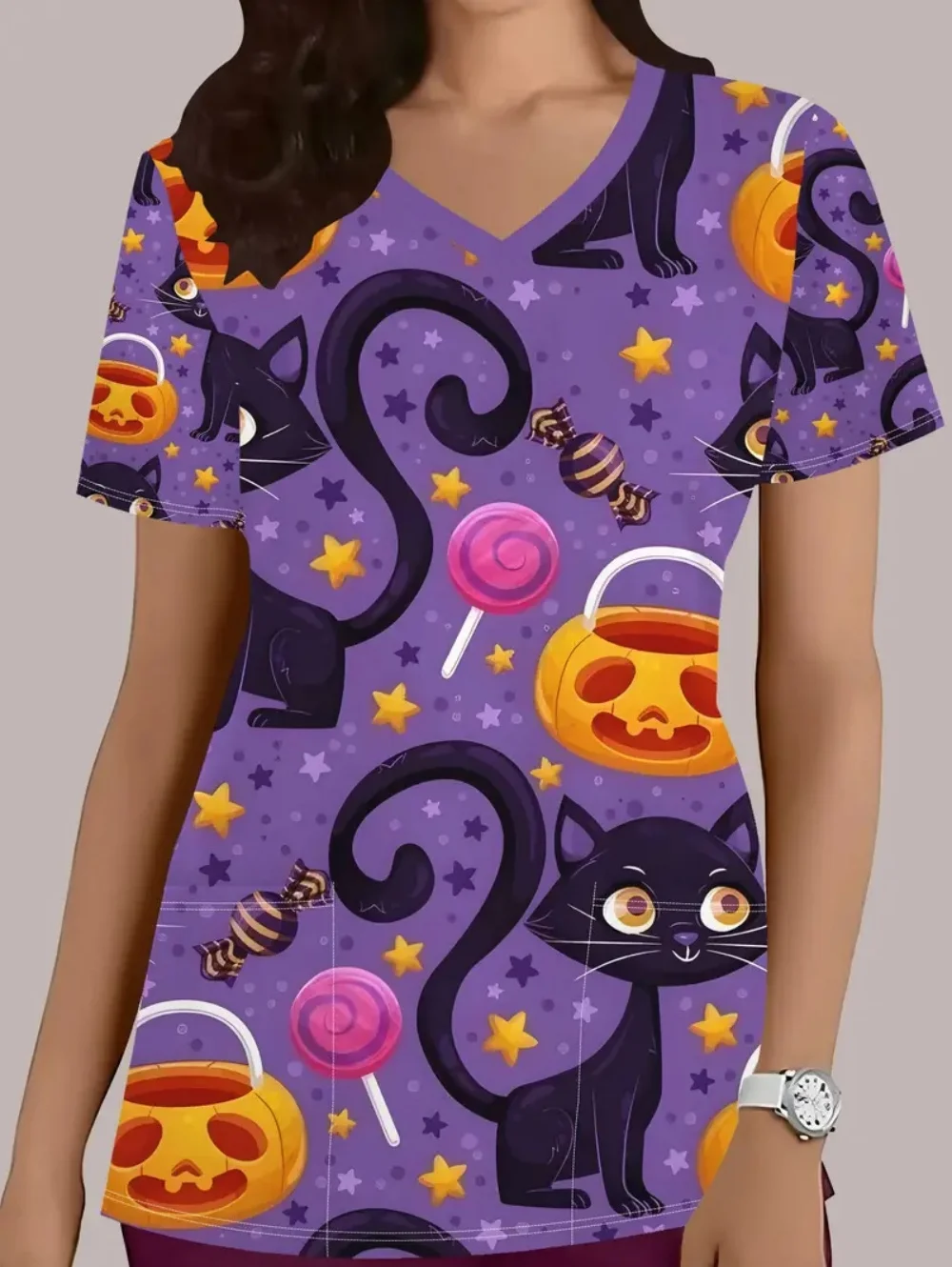 Surgical Uniforms Woman Halloween Cute Cartoon Prints Dental Nurse Fashion V-Neck Short Sleeve Pockets Clinical Uniform Woman