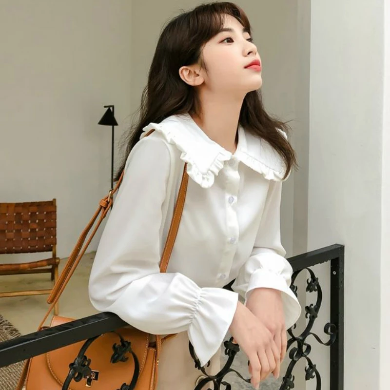 Lucyever Autumn White Blouses Women Sweet Simple Leisure Peter Pan Collar Shirts Girls Preppy Style Kawaii Long Sleeve Blouse