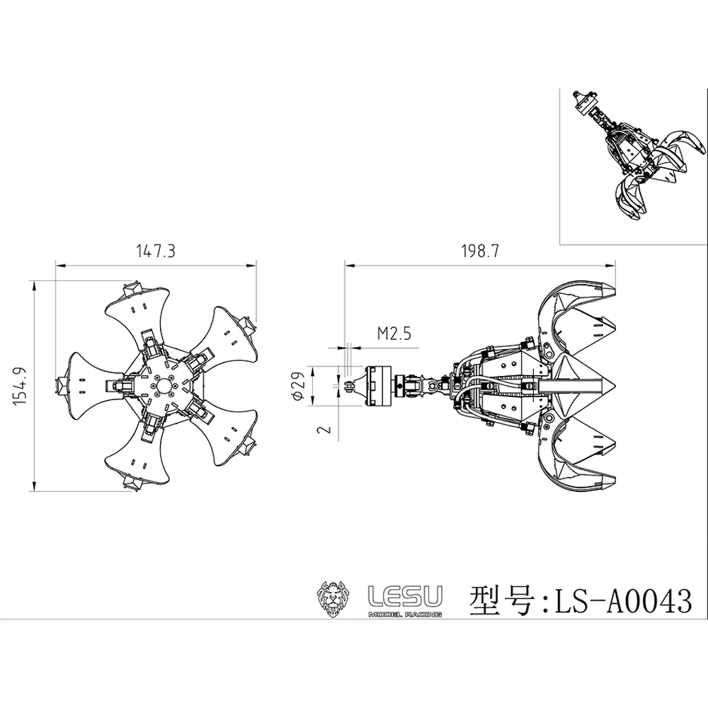 LESU-Grappin hydraulique en métal pour grue RC 1/14, benne basculante électrique, pièces de camion télécommandé, modèle TH22567