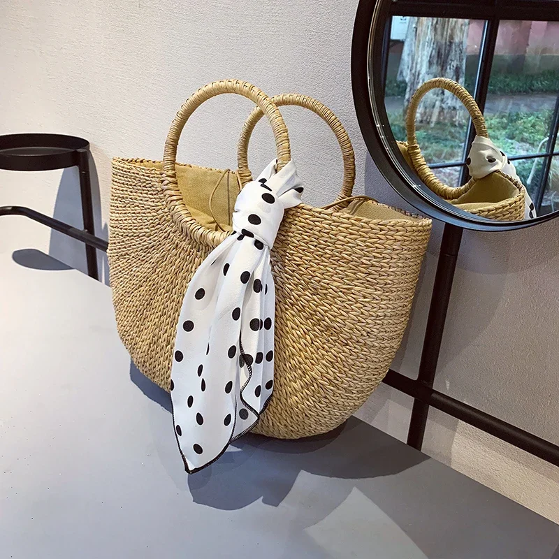 

Женская пляжная сумка ручной работы, сумка через плечо, летняя сумка из натуральной соломы, сумка в форме полумесяца для отдыха и отпуска