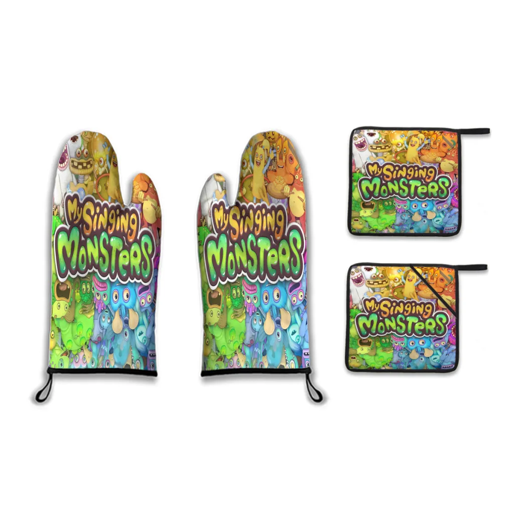 

My Singing Monsters Oven Mitts and Pot Holders Sets of 4,Resistant Hot Pads with Polyester Non-Slip BBQ Gloves