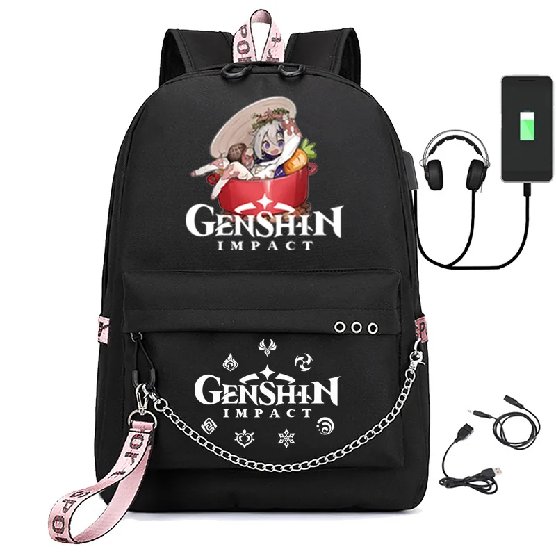 

Genshin Impact Backpack Women Men Oxford Waterproof Chain USB Interface Laptop Backpack Children Boys Girls Anime Schoolbag