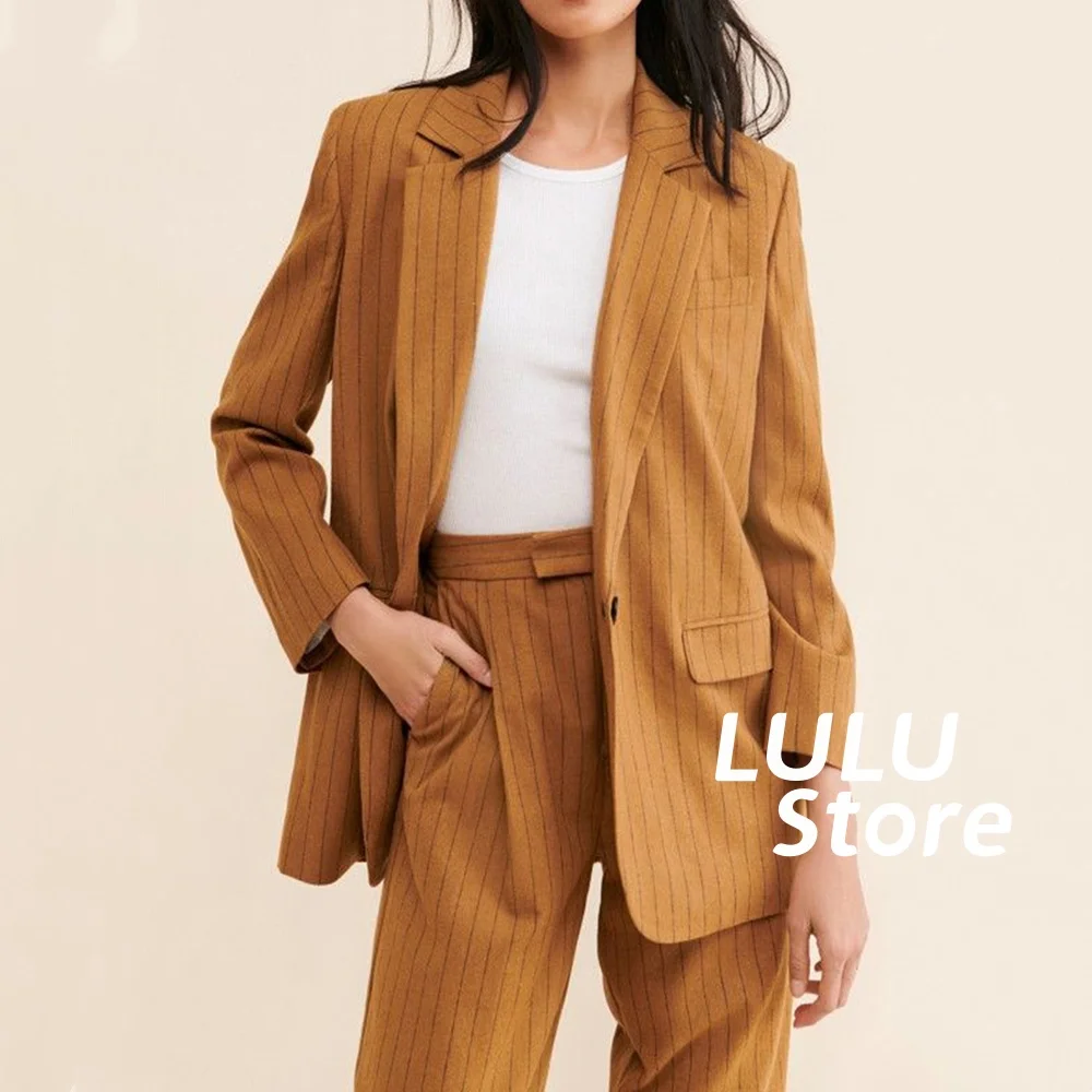 2Pcs/Set Blazer Pants Striped Single-Breasted Brown Loose And Comfortable Four Seasons Pants Set For Office Lady Matching Suit