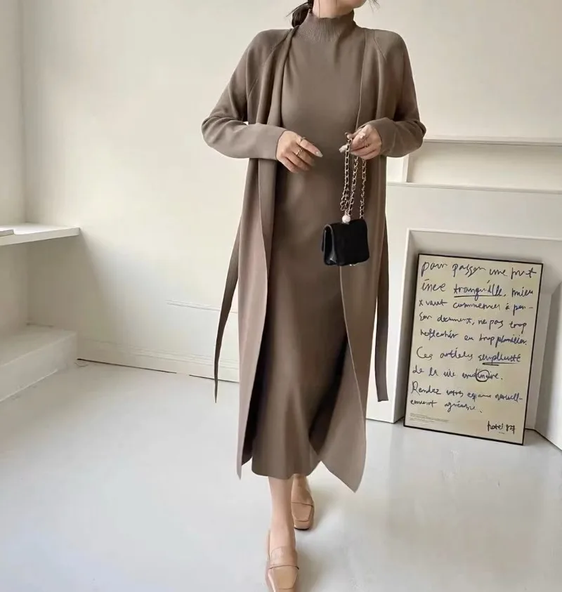 New Vintage 2 Piece Sets Women Outfit Autumn Winter Knit Long Sleeve Long Cardigan Coat + Half High Collar Camisole Dress Suit