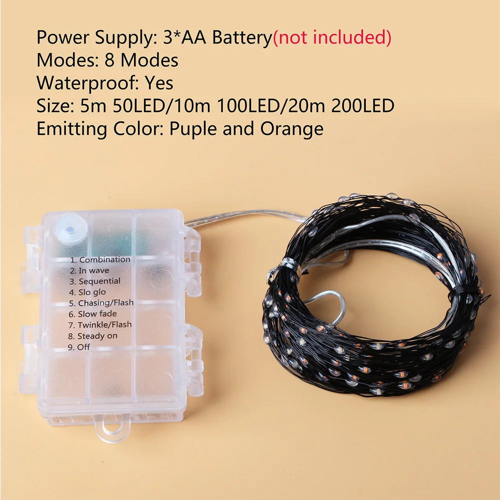 5 متر/10 متر/20 متر LED هالوين الأرجواني البرتقالي سلسلة الجنية أضواء في الهواء الطلق بطارية تعمل بالطاقة لعيد الميلاد حفلة حديقة ديكور الهالوين