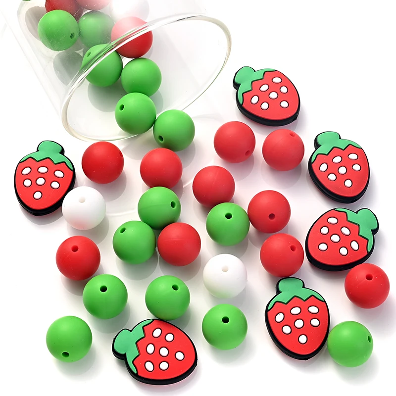 32Pcs Colored 15mm Round Silicone Beads Strawberry Shape Focal Beads Sets For Jewelry Making DIY Keychain Bracelets Accessories