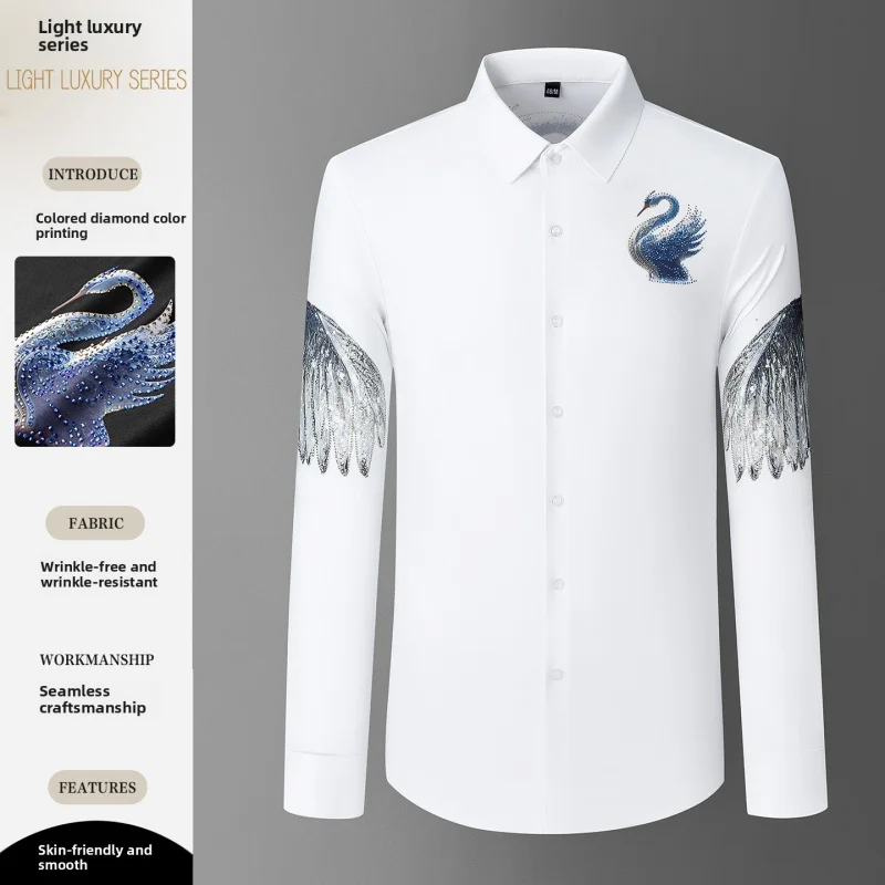 

Men's Luxury Swan Print Shirt, Stretch Long Sleeve Non-Iron Wrinkle Free Elegant Blouse