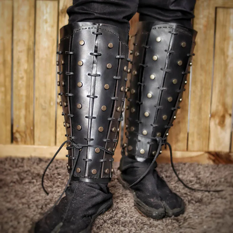 Medieval Warrior Leg Guard Boot Covers, Viking Pirate PU Leather Rivet Lace-up Adjustable Cosplay Props Essential